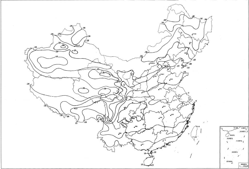 全国基本气温(最低气温)分布图