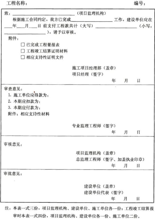 表B.0.11 工程款支付报审表