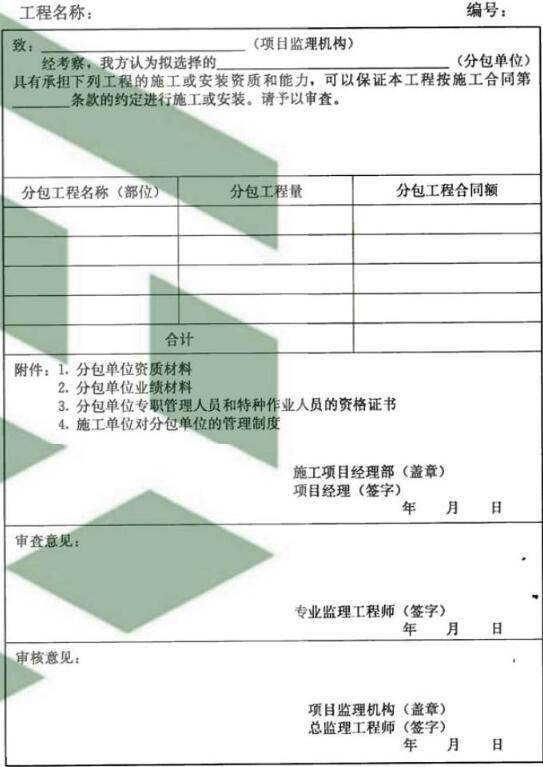 表B.0.4 分包单位资格报审表