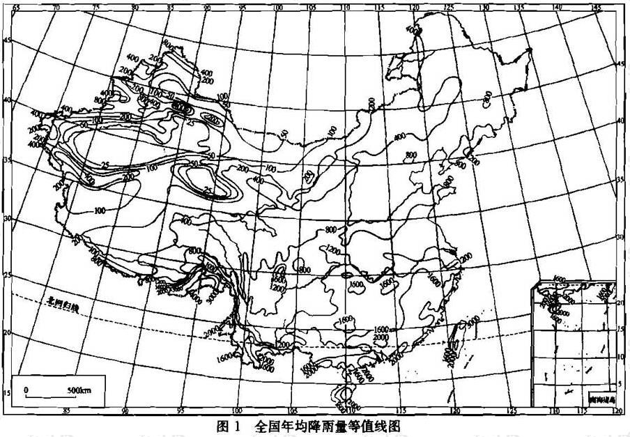 图1 全国年均降雨量等值线图