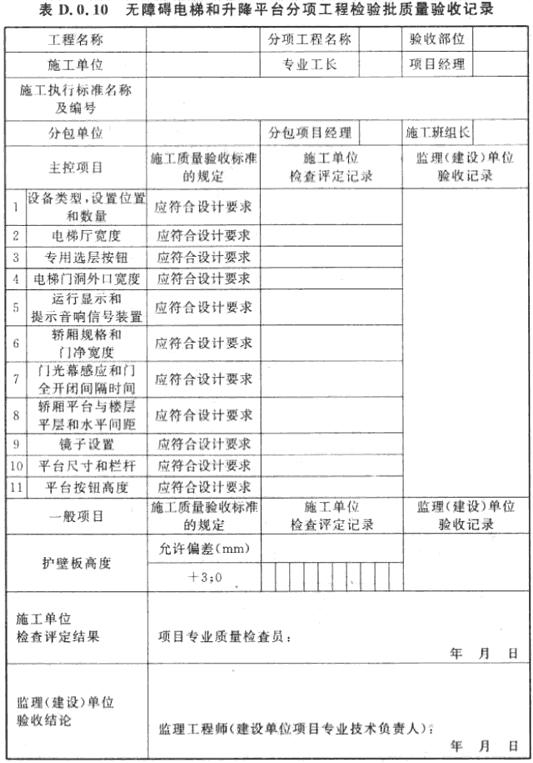 无障碍电梯和升降平台分项工程检验批质量验收记录