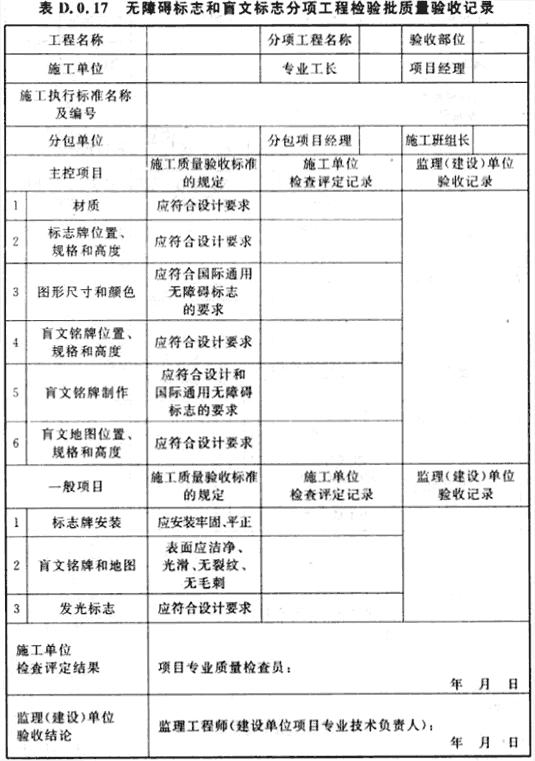 无障碍标志和盲文标志分项工程检验批质量验收记录