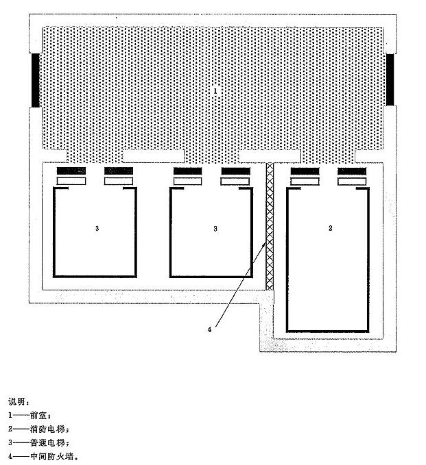 图B.2 在多梯井道内的消防电梯和前室的布置示意图