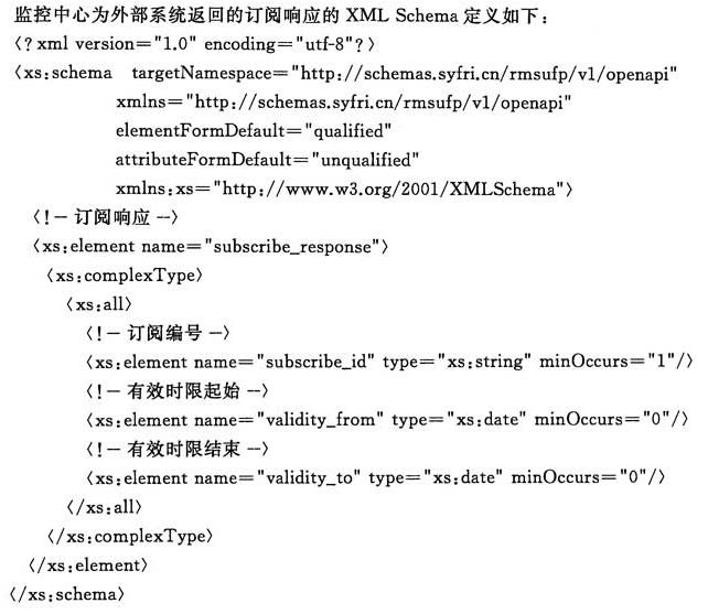 监控中心为外部系统返回的订阅响应的XMLSchema定义