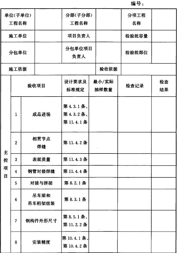 表H.0.11 钢结构(钢管桁架结构)分项工程检验批质量验收记录