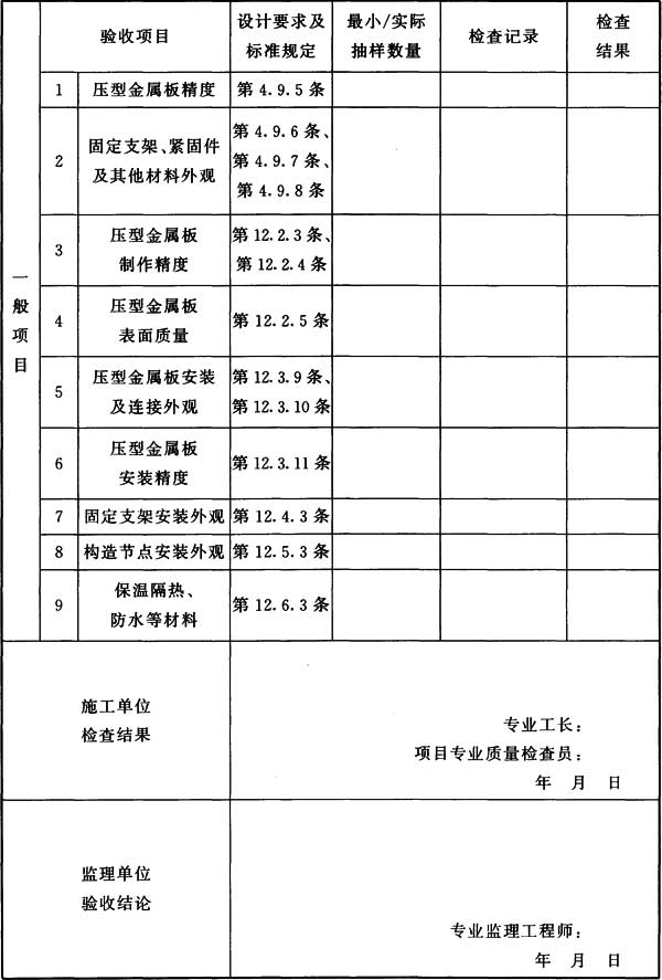 表H.0.13 钢结构(压型金属板)分项工程检验批质量验收记录