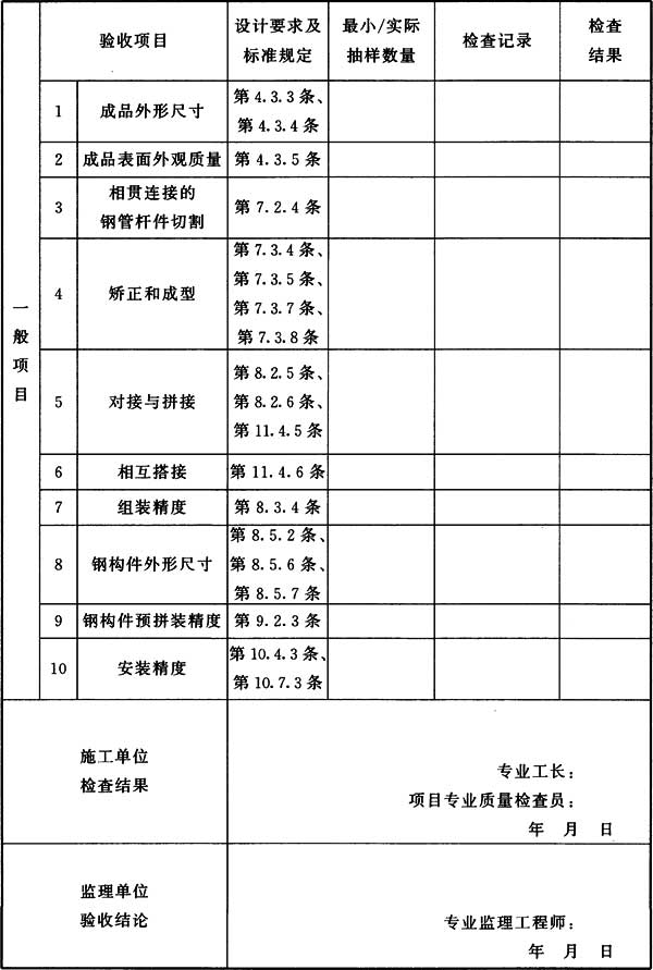 表H.0.11 钢结构(钢管桁架结构)分项工程检验批质量验收记录