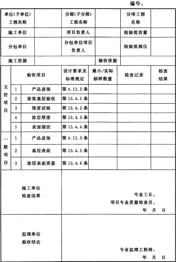 表H.0.15 钢结构(防火涂料涂装)分项工程检验批质量验收记录