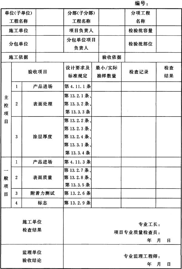 表H.0.14 钢结构(防腐涂料涂装)分项工程检验批质量验收记录