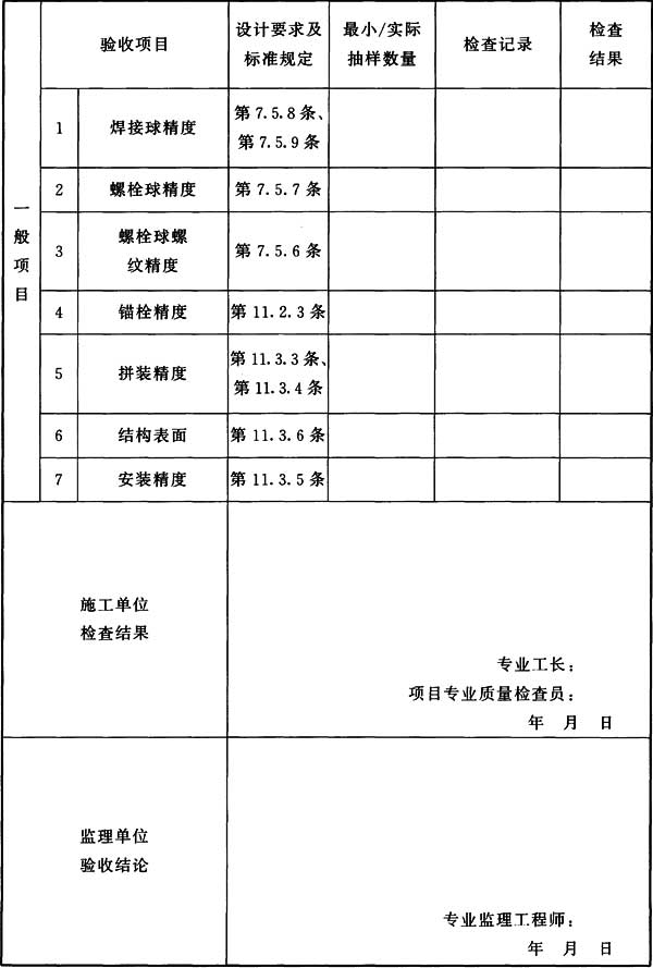 表H.0.10 钢结构(网架结构安装)分项工程检验批质量验收记录