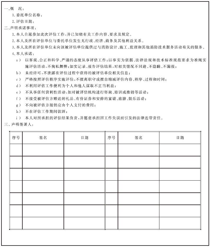 表A.1 消防安全评估人员公正性、保密声明示例