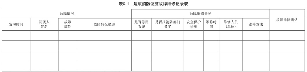 表C.1 建筑消防设施故障维修记录表