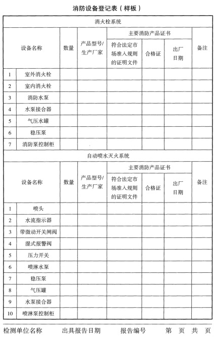 消防设备登记表（样板）