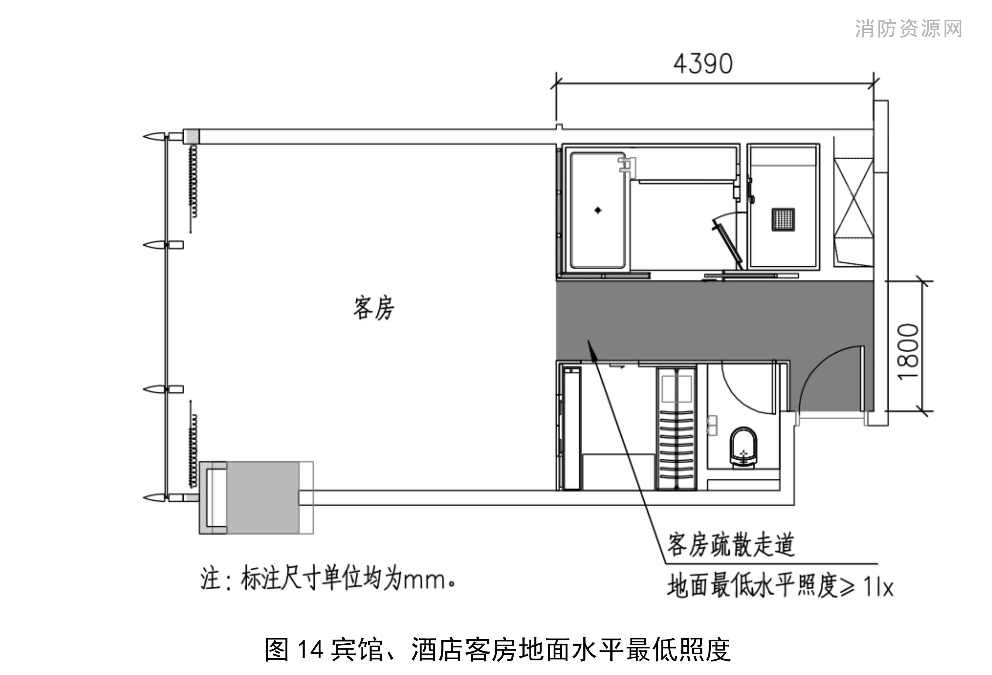 宾馆、酒店客房地面水平最低照度