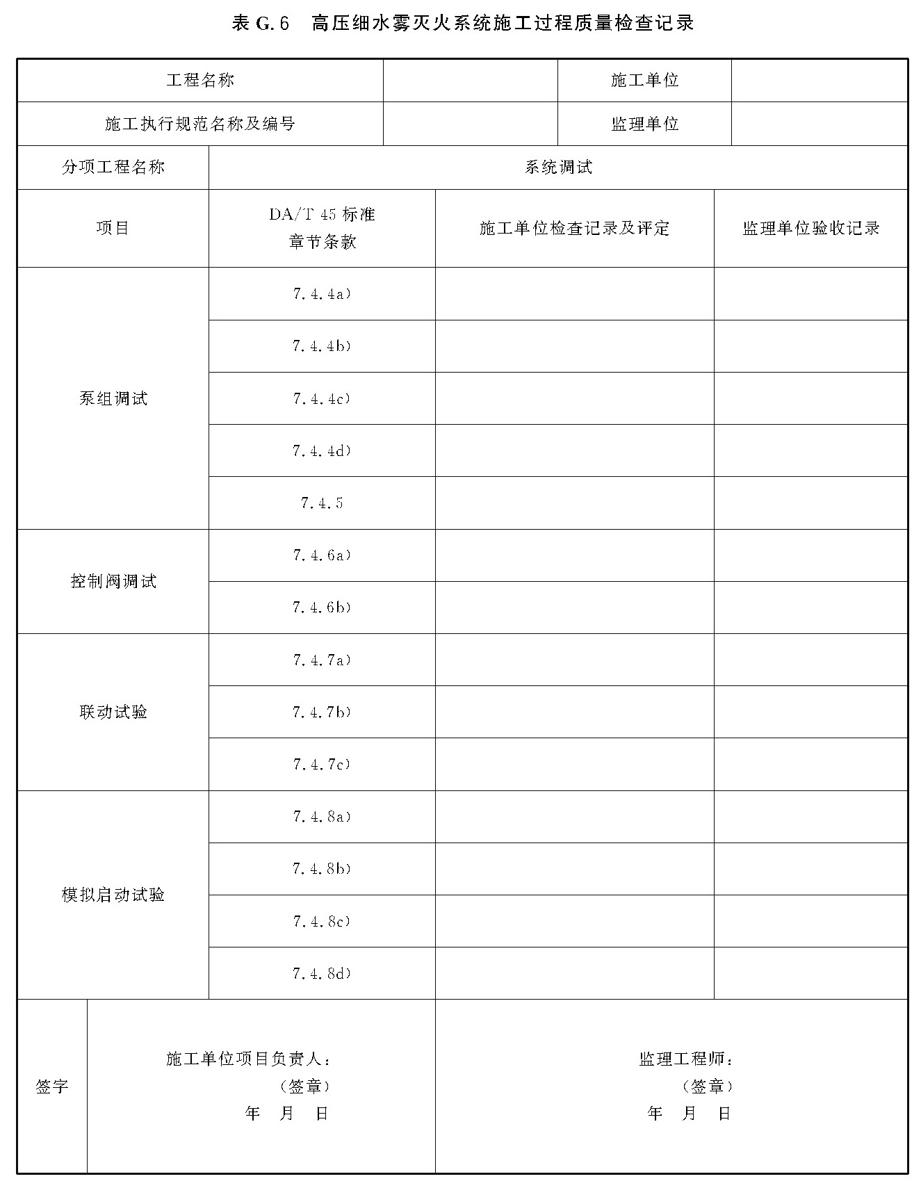 表G.6 高压细水需灭火系统施工过程质量检查记录