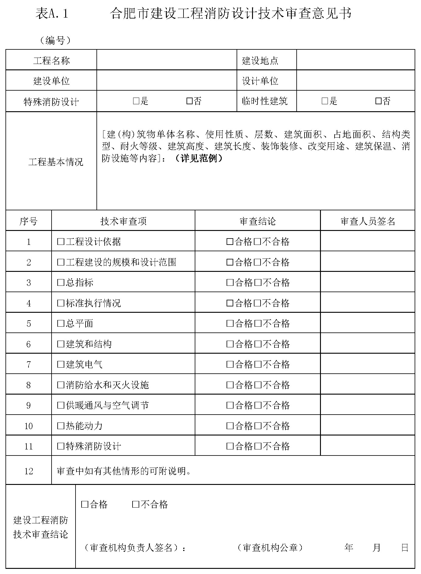 表A.1 合肥市建设工程消防设计技术审查意见书 