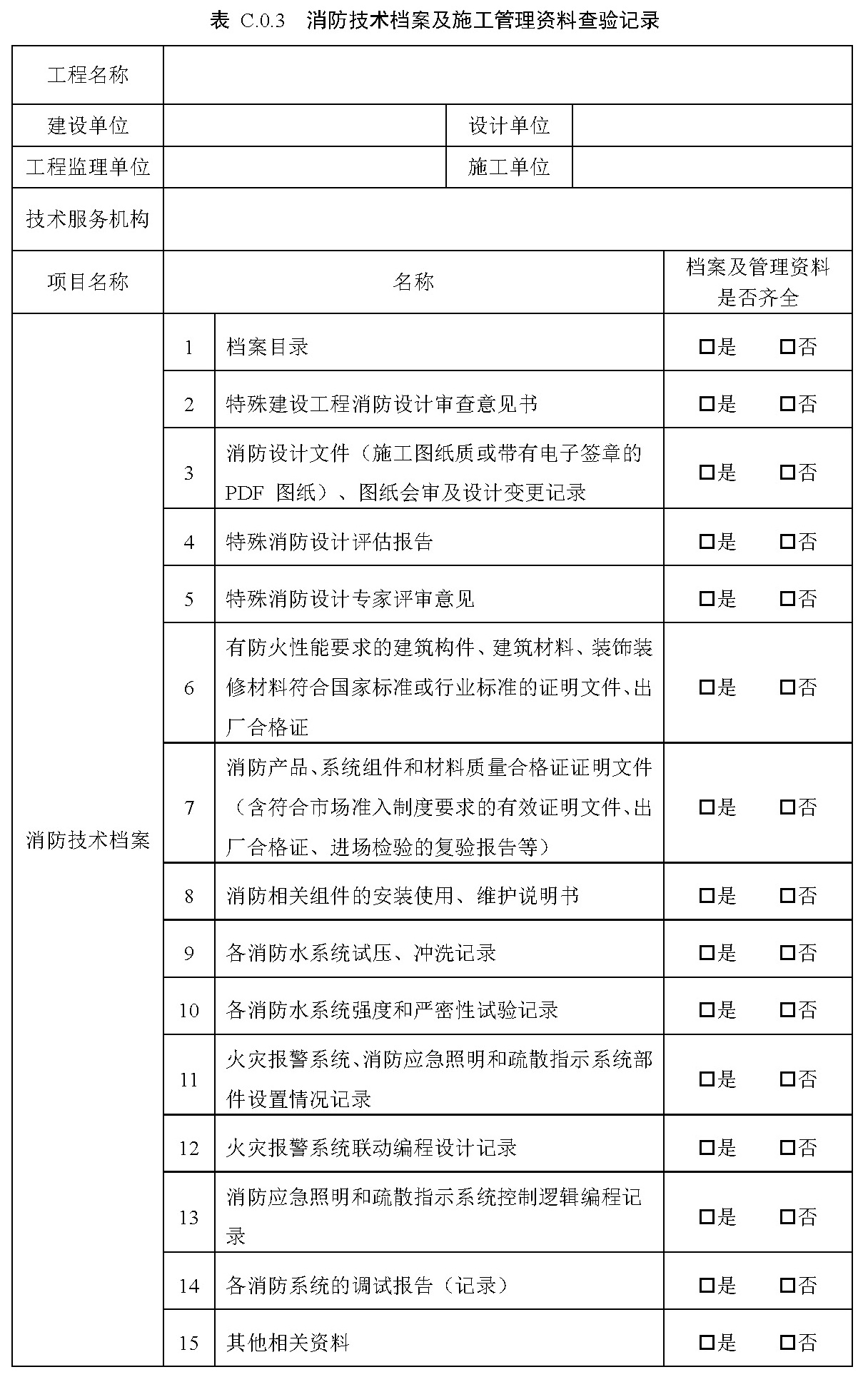 表C.0.3 消防技术方案及施工管理资料查验记录