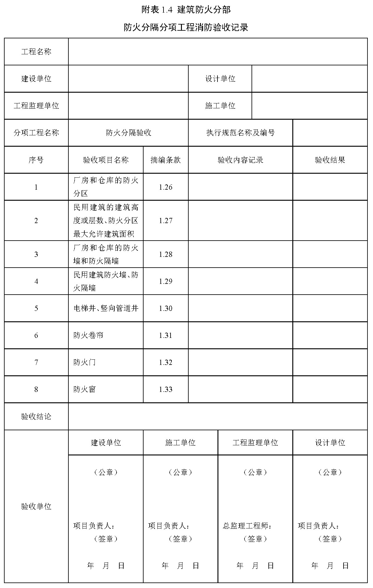 附表 1.4 建筑防火分部 防火分隔分项工程消防验收记录