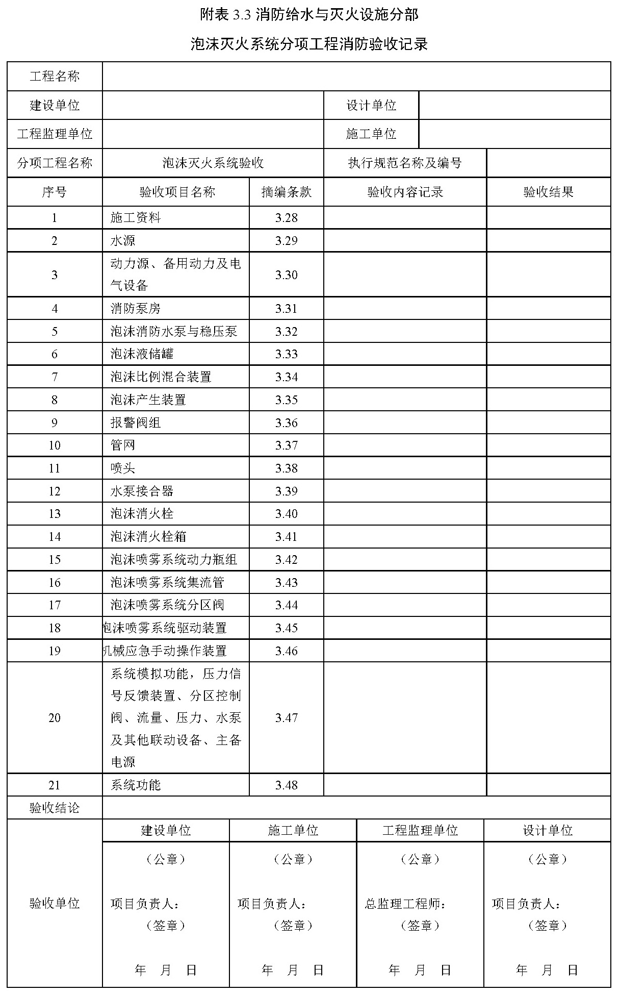 附表 3.3 消防给水与灭火设施分部 泡沫灭火系统分项工程消防验收记录