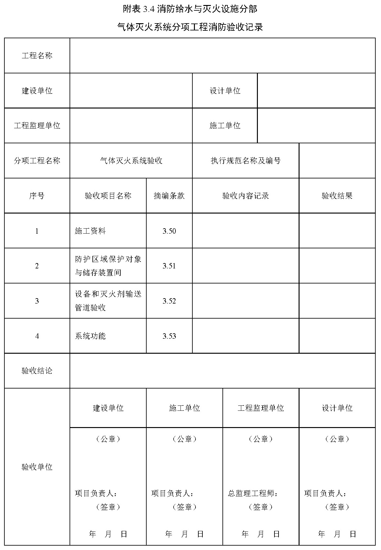 附表 3.4 消防给水与灭火设施分部 气体灭火系统分项工程消防验收记录