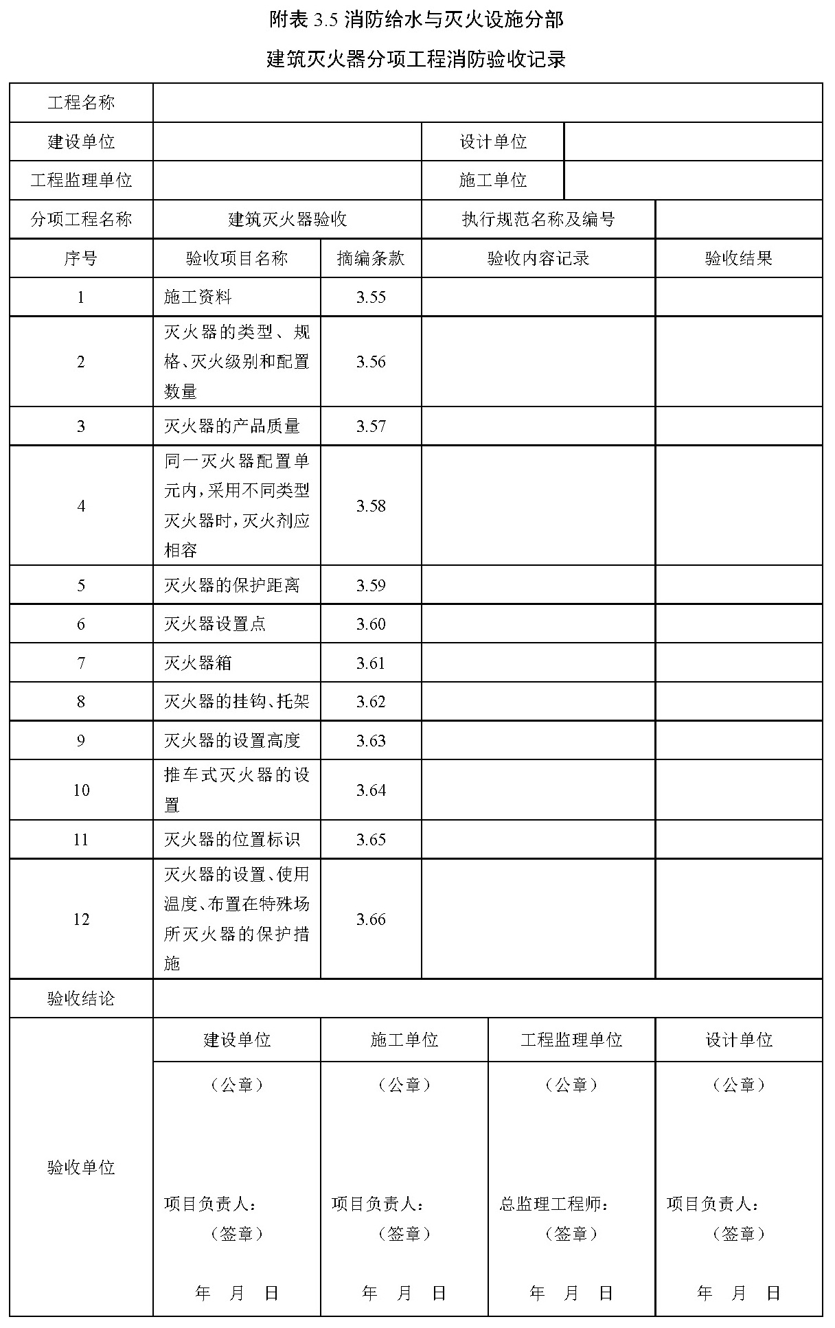 附表 3.5 消防给水与灭火设施分部 建筑灭火器分项工程消防验收记录