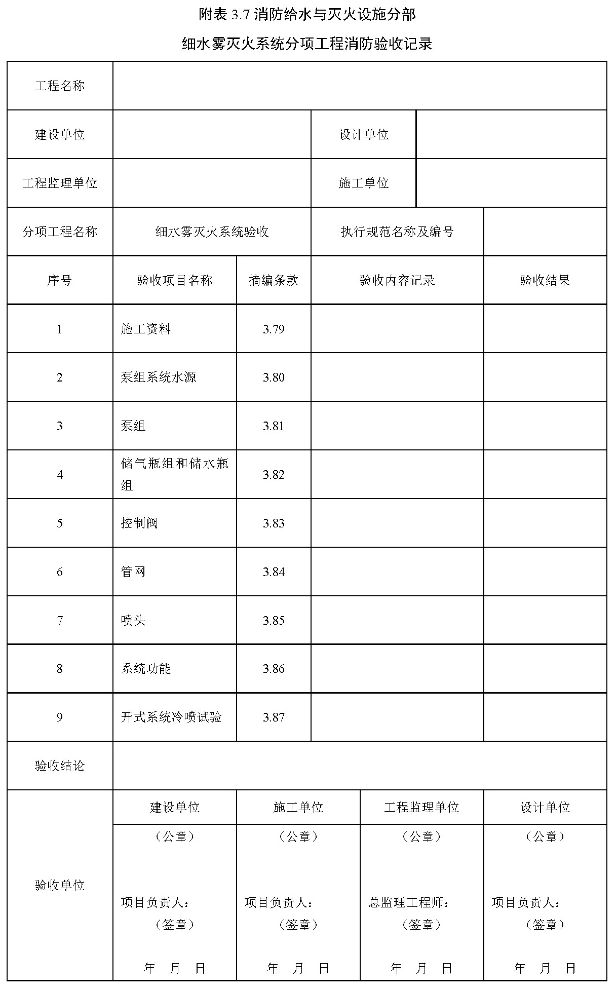 附表 3.8 消防给水与灭火设施分部 自动跟踪定位射流灭火系统分项工程消防验收记录