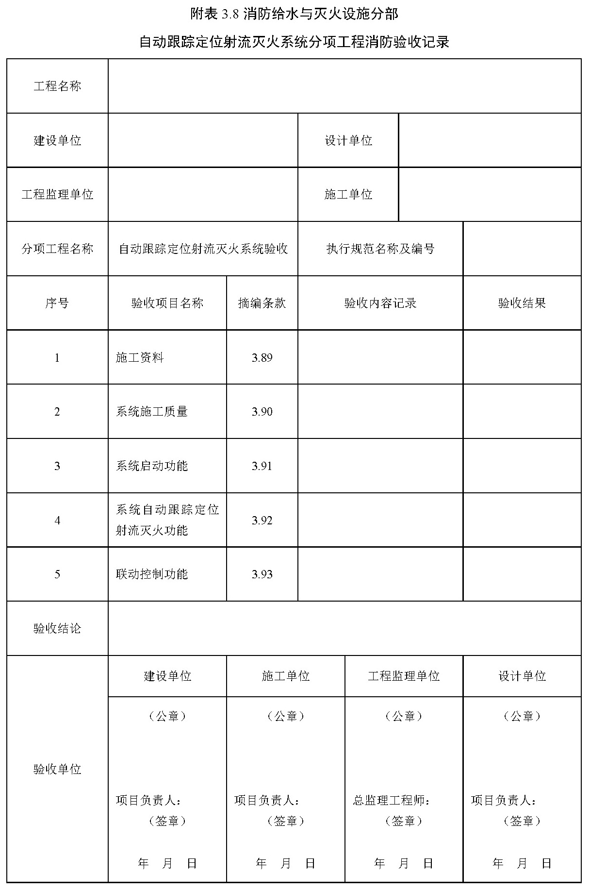 附表 3.8 消防给水与灭火设施分部 自动跟踪定位射流灭火系统分项工程消防验收记录