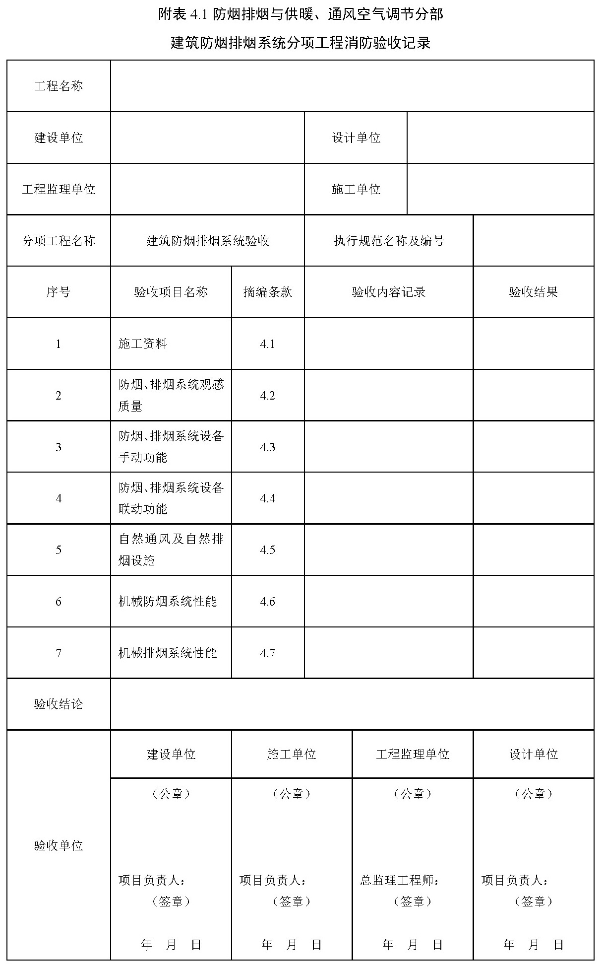 附表 4.1 防烟排烟与供暖、通风空气调节分部 建筑防烟排烟系统分项工程消防验收记录