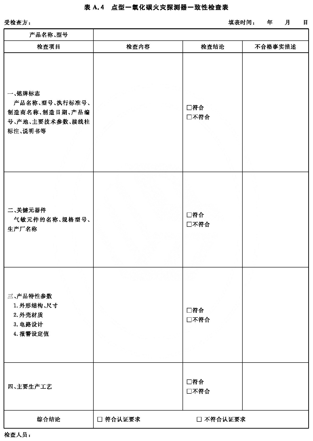 点型一氧化碳火灾探测器一致性检查表