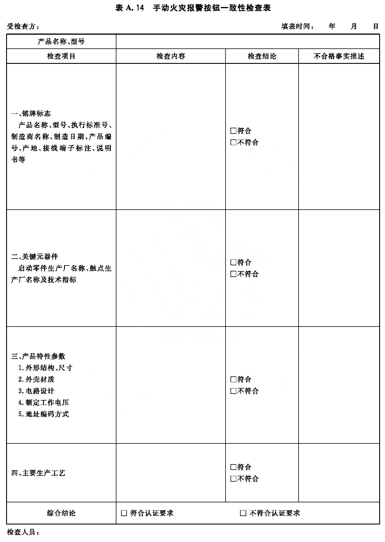 手动火灾报警按钮一致性检查表