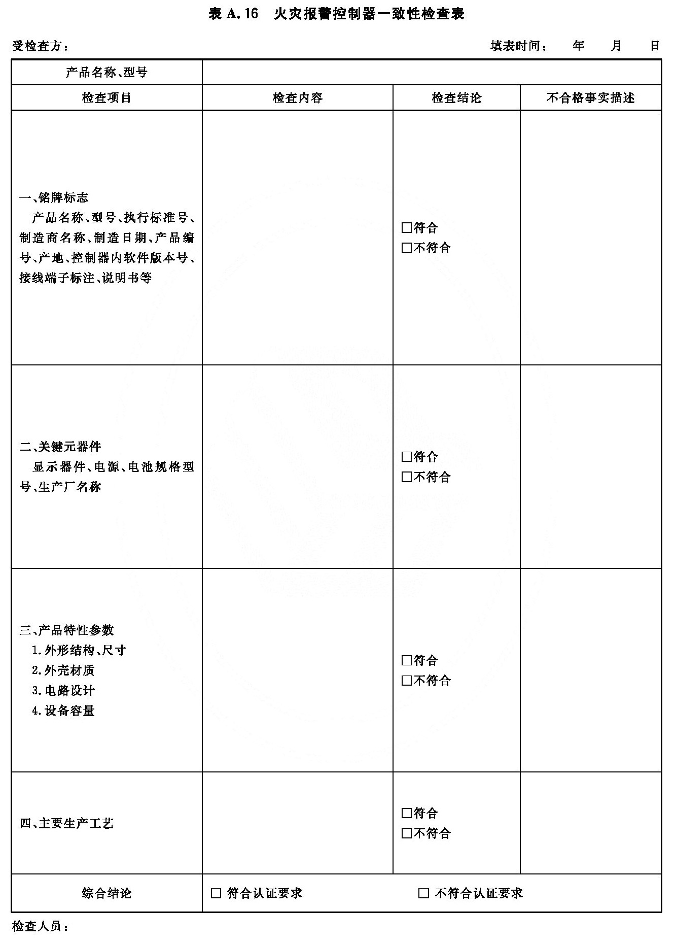 火灾报警控制器一致性检查表