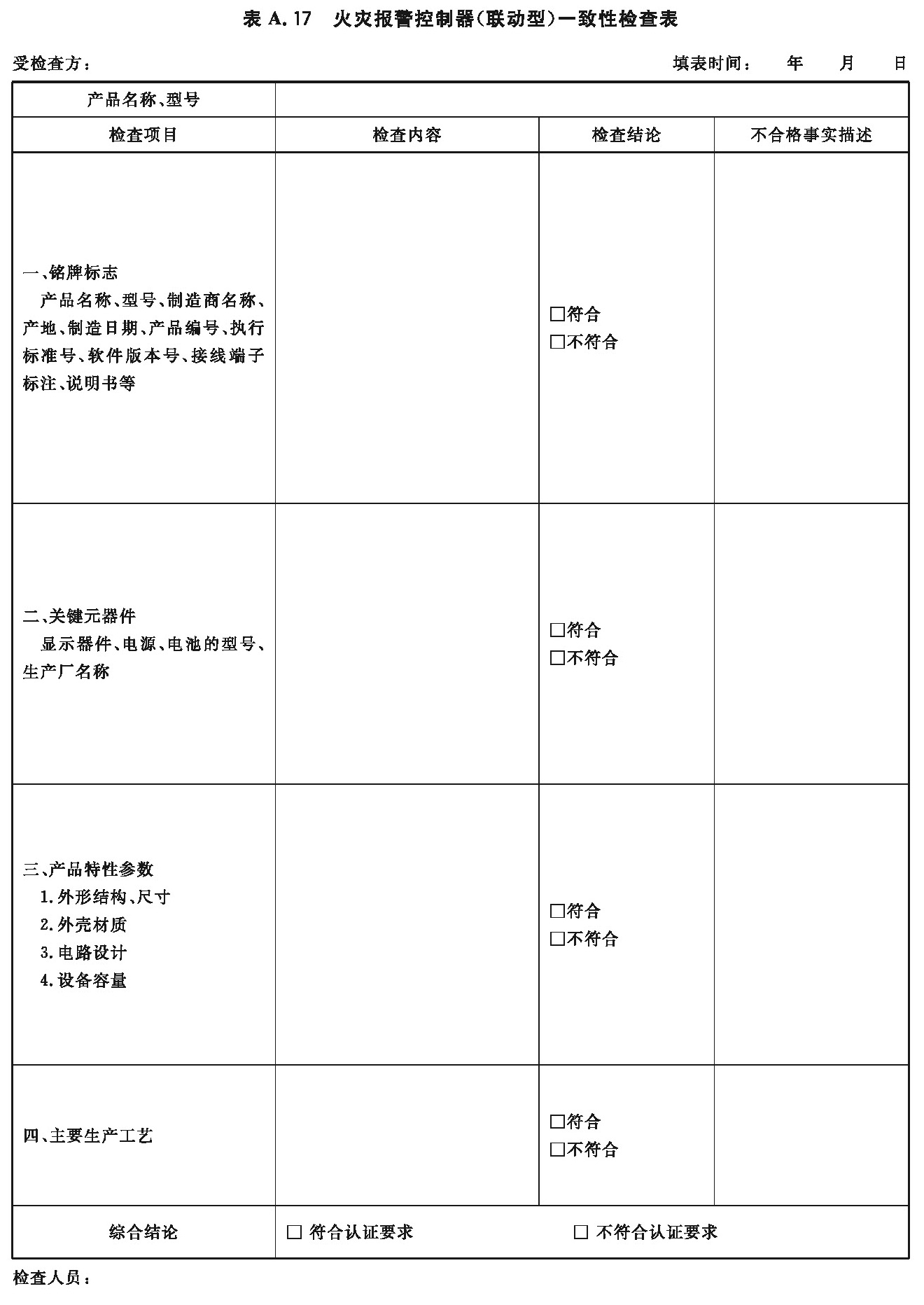 火灾报警控制器（联动型）一致性检查表