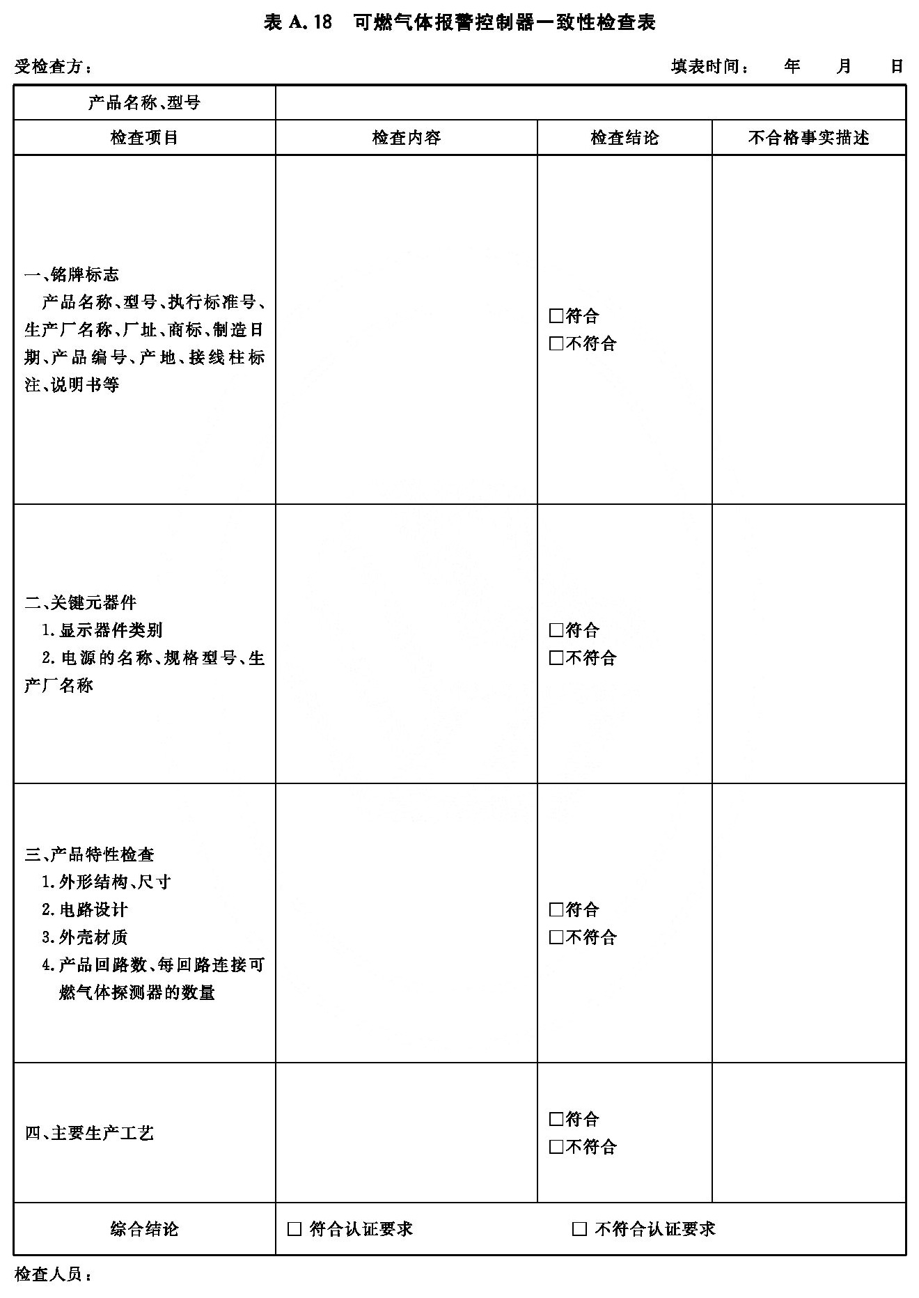 可燃气体报警控制器一致性检查表