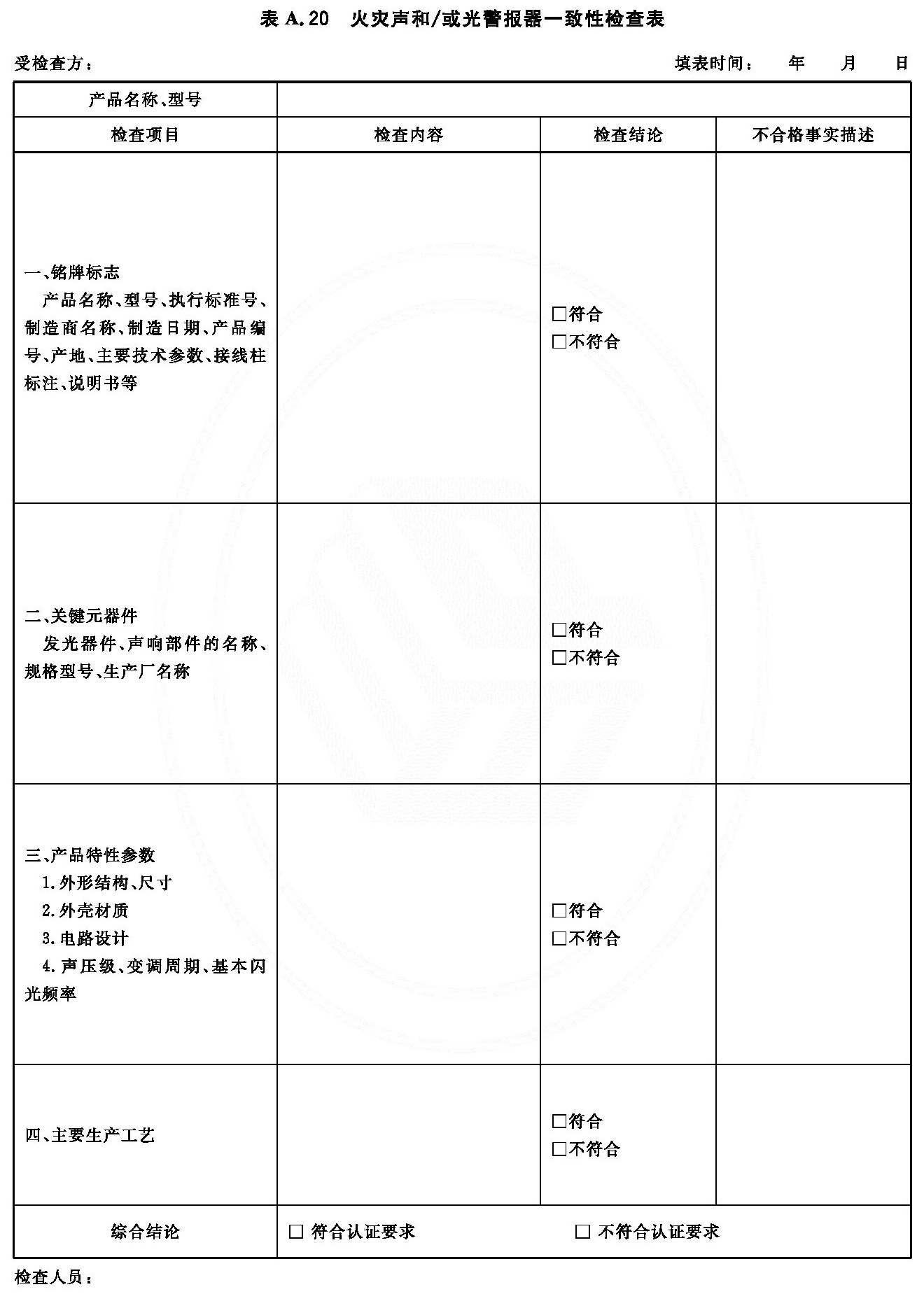 火灾声和/或光警报器一致性检查表