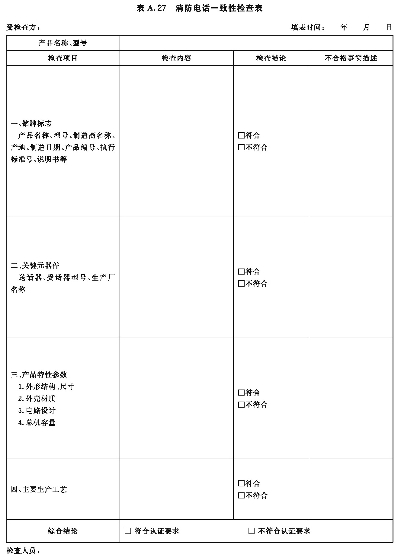 消防电话一致性检查表