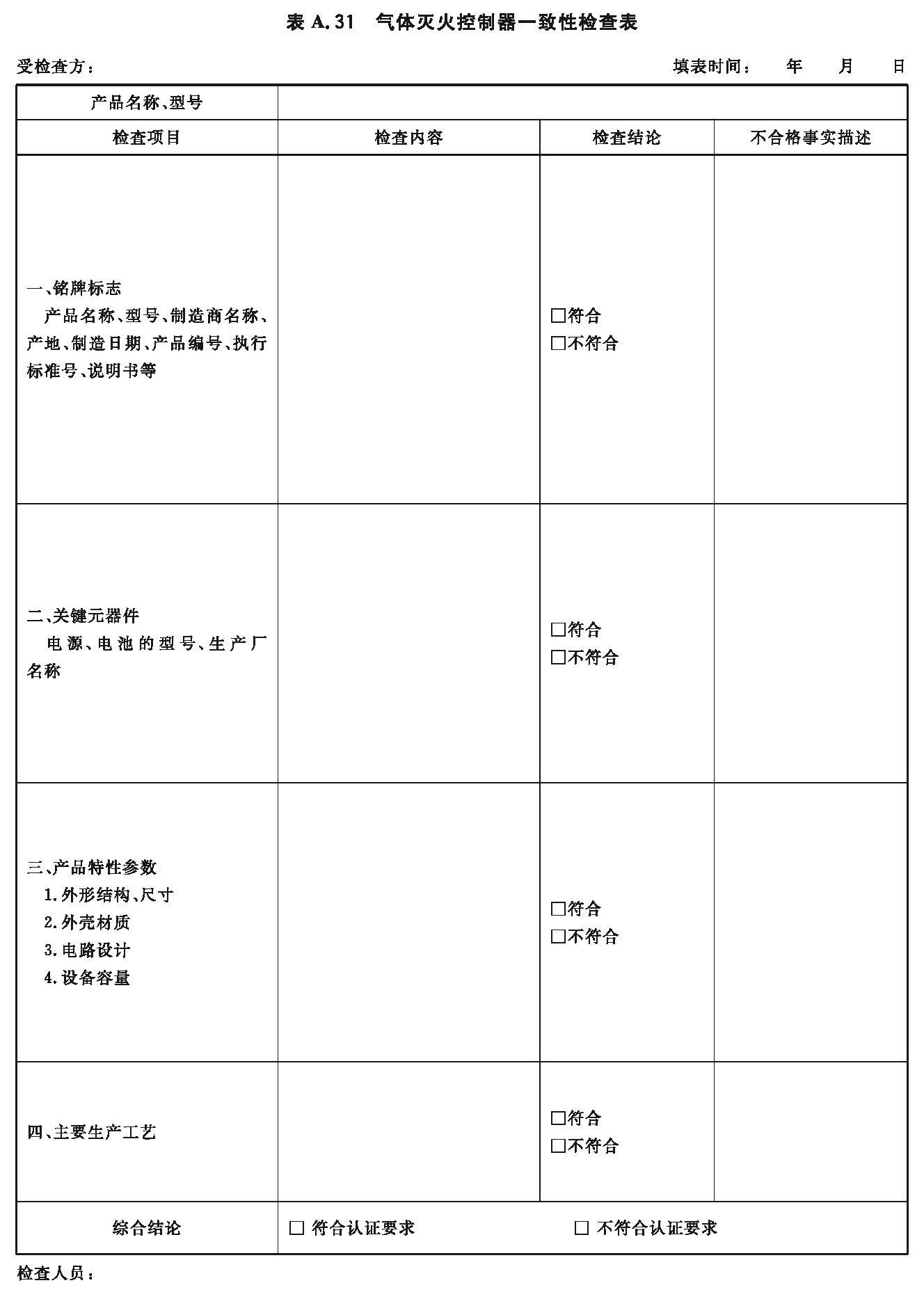 气体灭火控制器一致性检查表