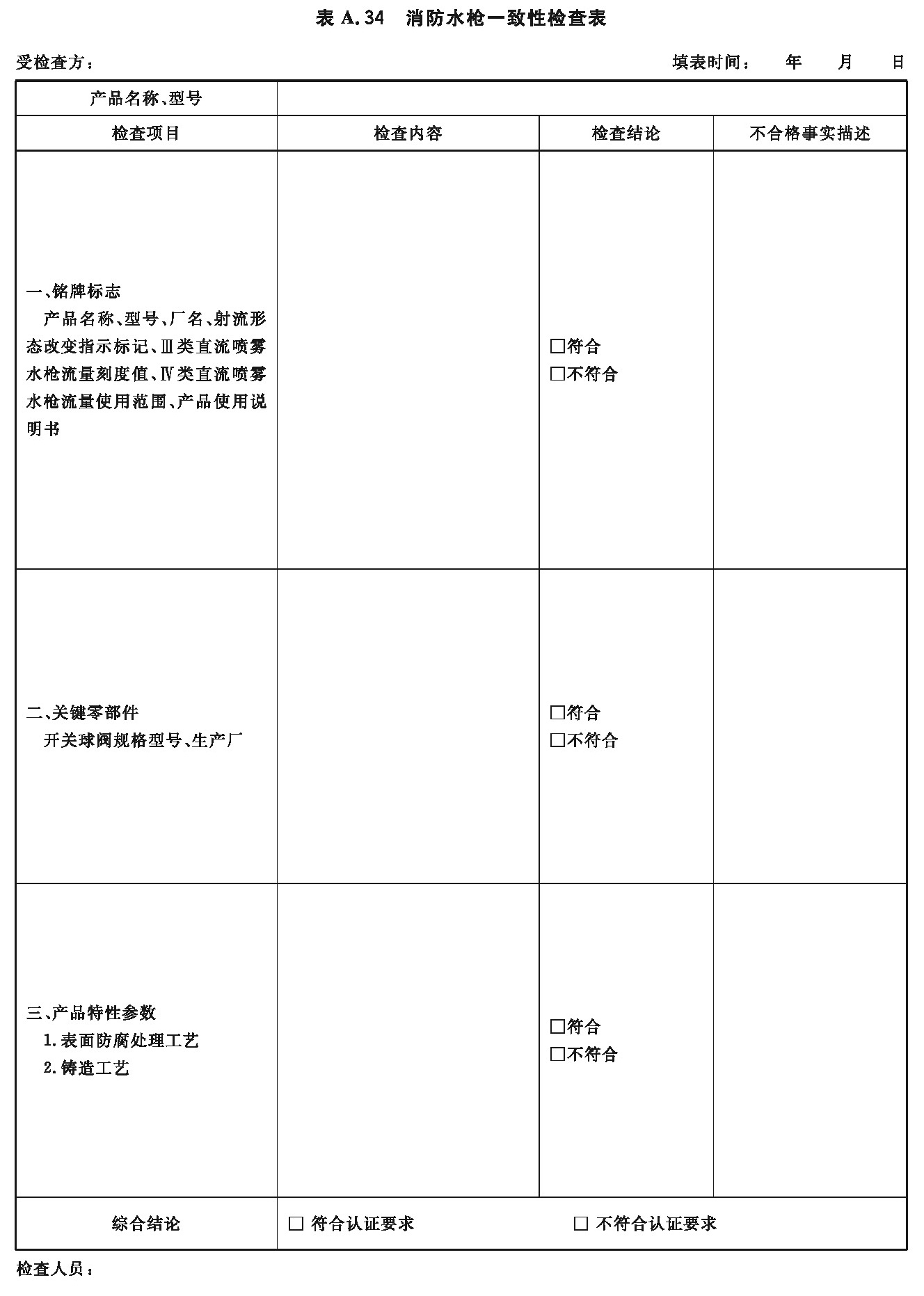 消防水枪一致性检查表