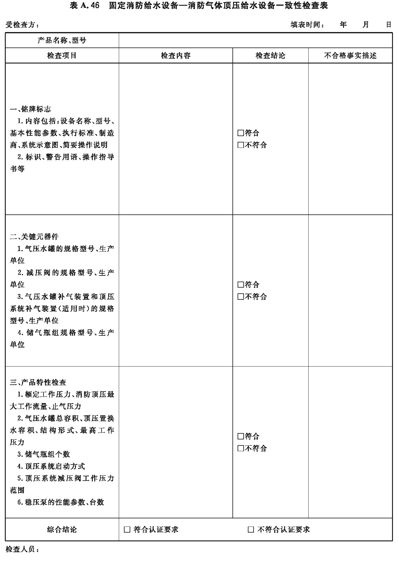 固定消防给水设备—消防气体顶压给水设备一致性检查表