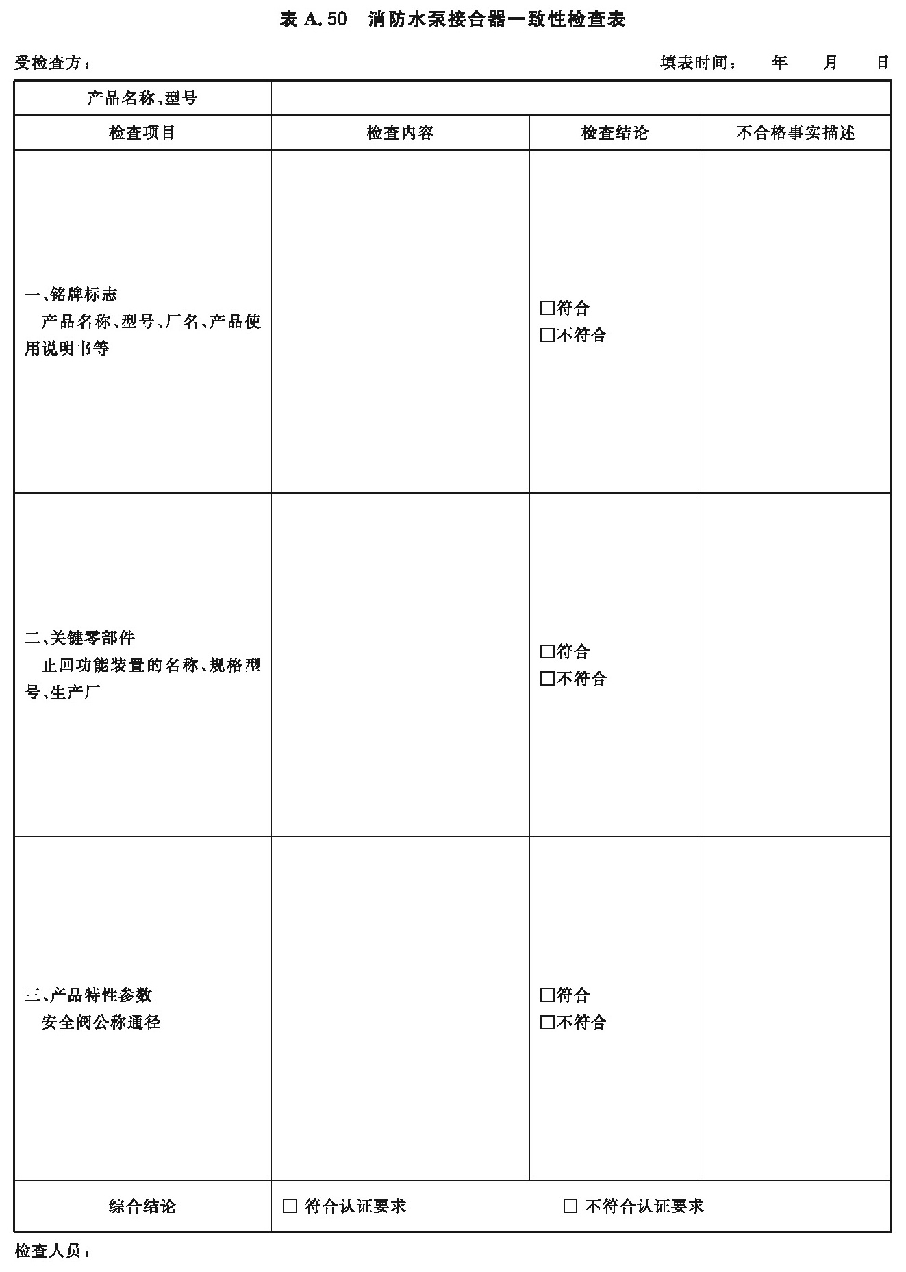 消防水泵接合器一致性检查表