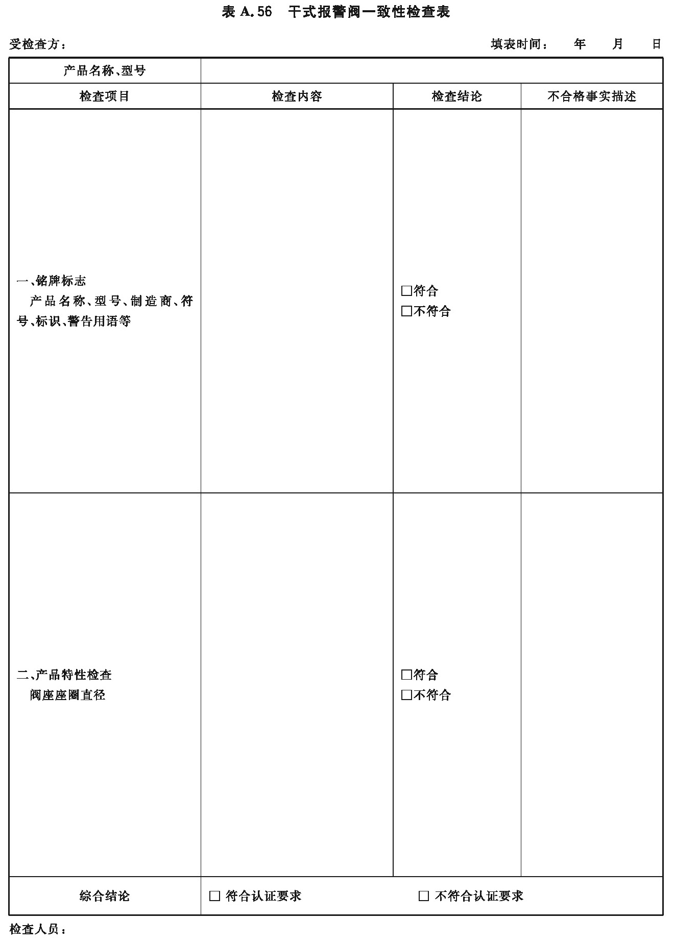 干式报警阀一致性检查表