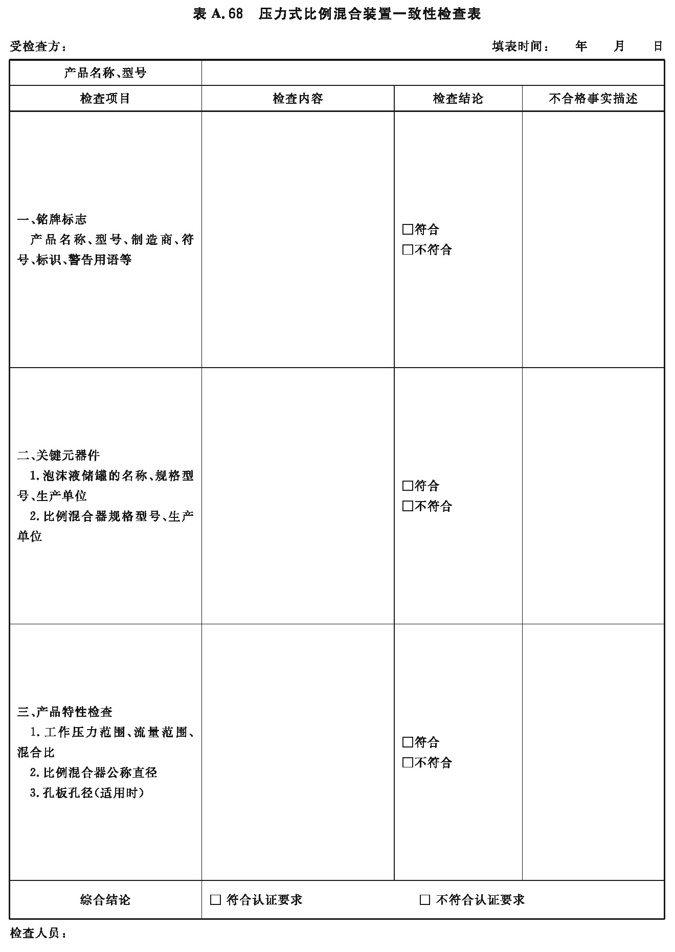 压力式比例混合装置一致性检查表