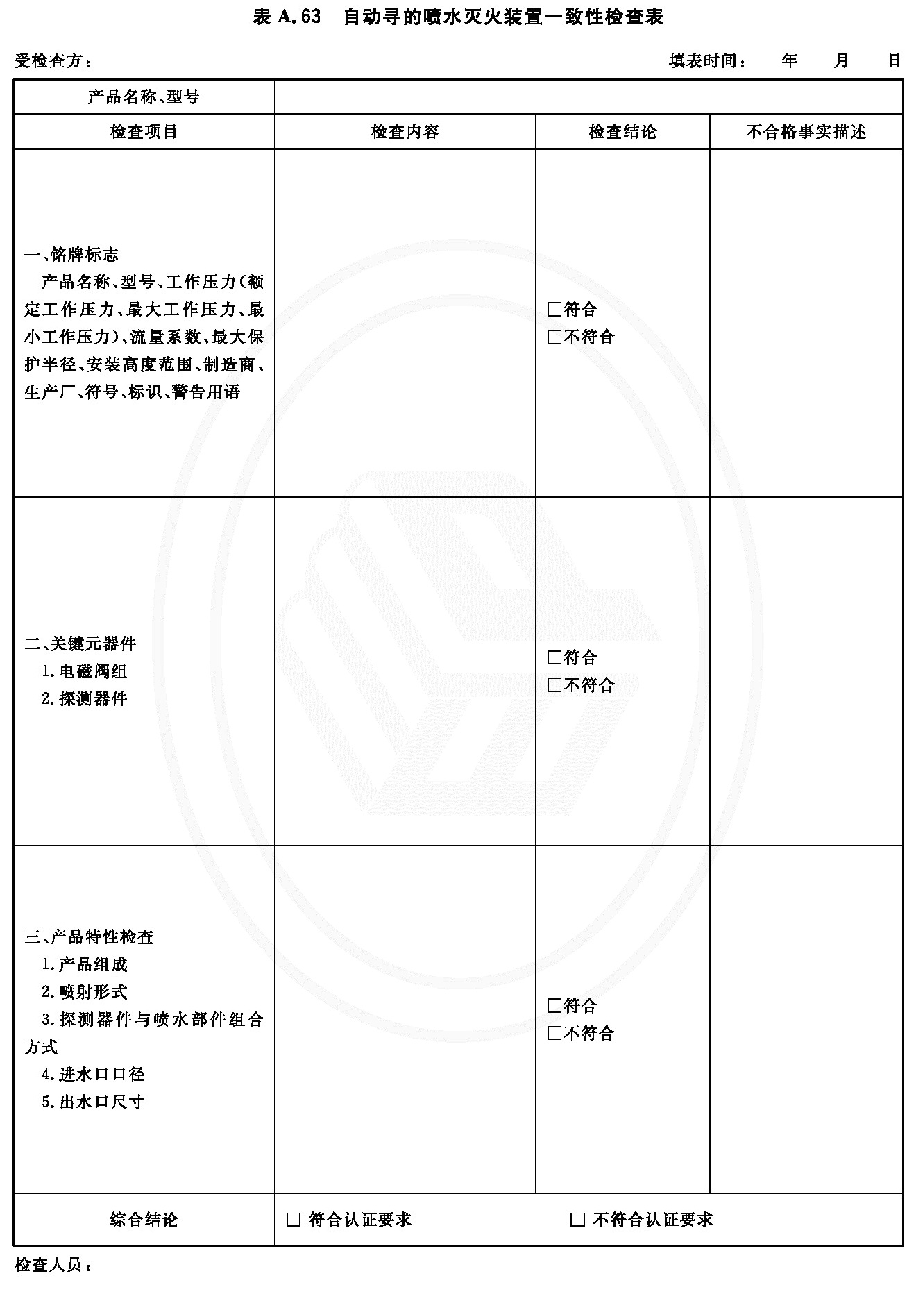 自动寻的喷水灭火装置一致性检查表