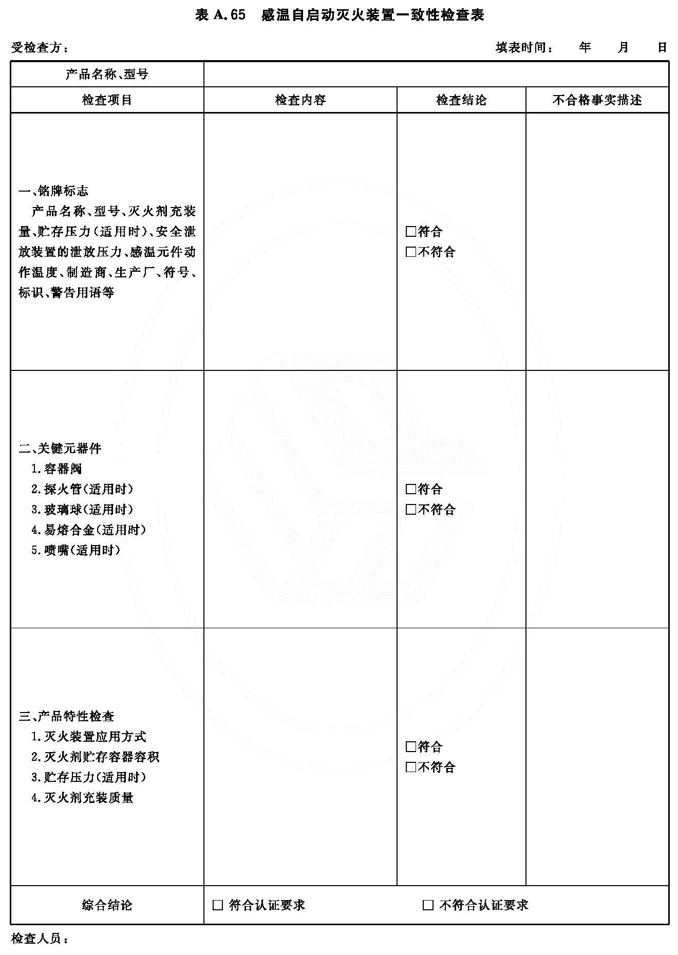 感温自启动灭火装置一致性检查表