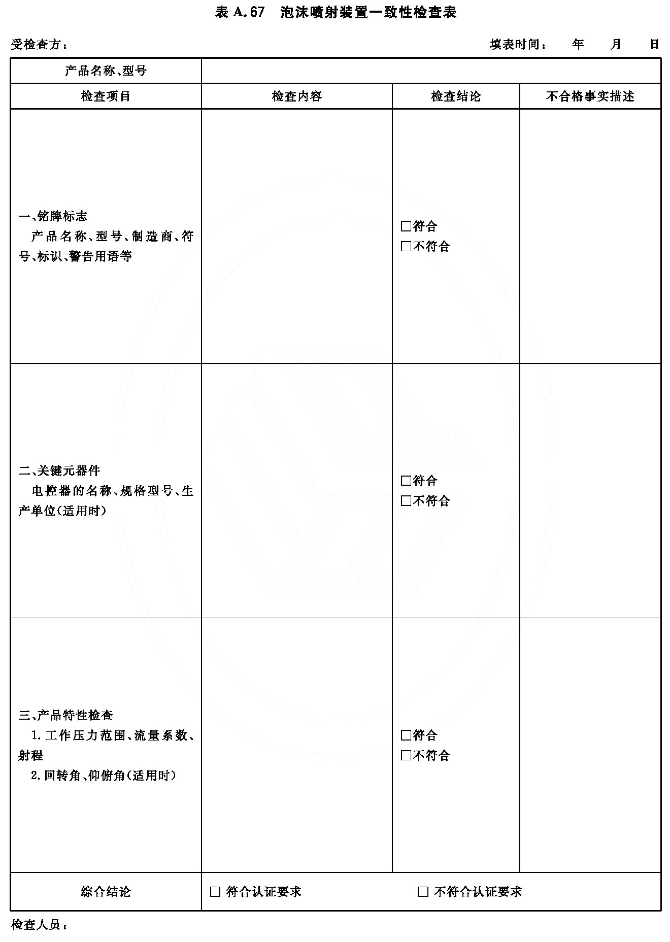 泡沫喷射装置一致性检查表