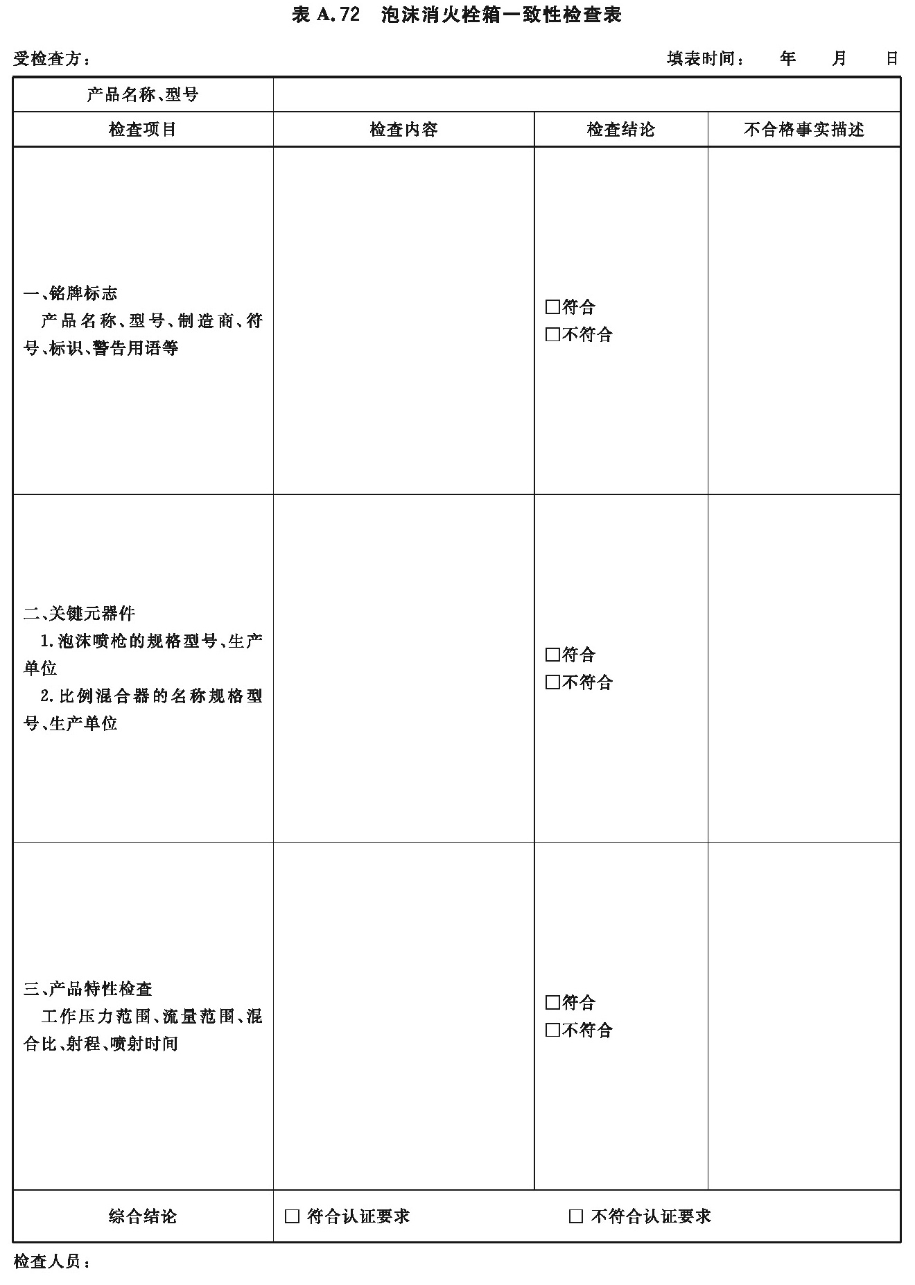 泡沫消火栓箱一致性检查表