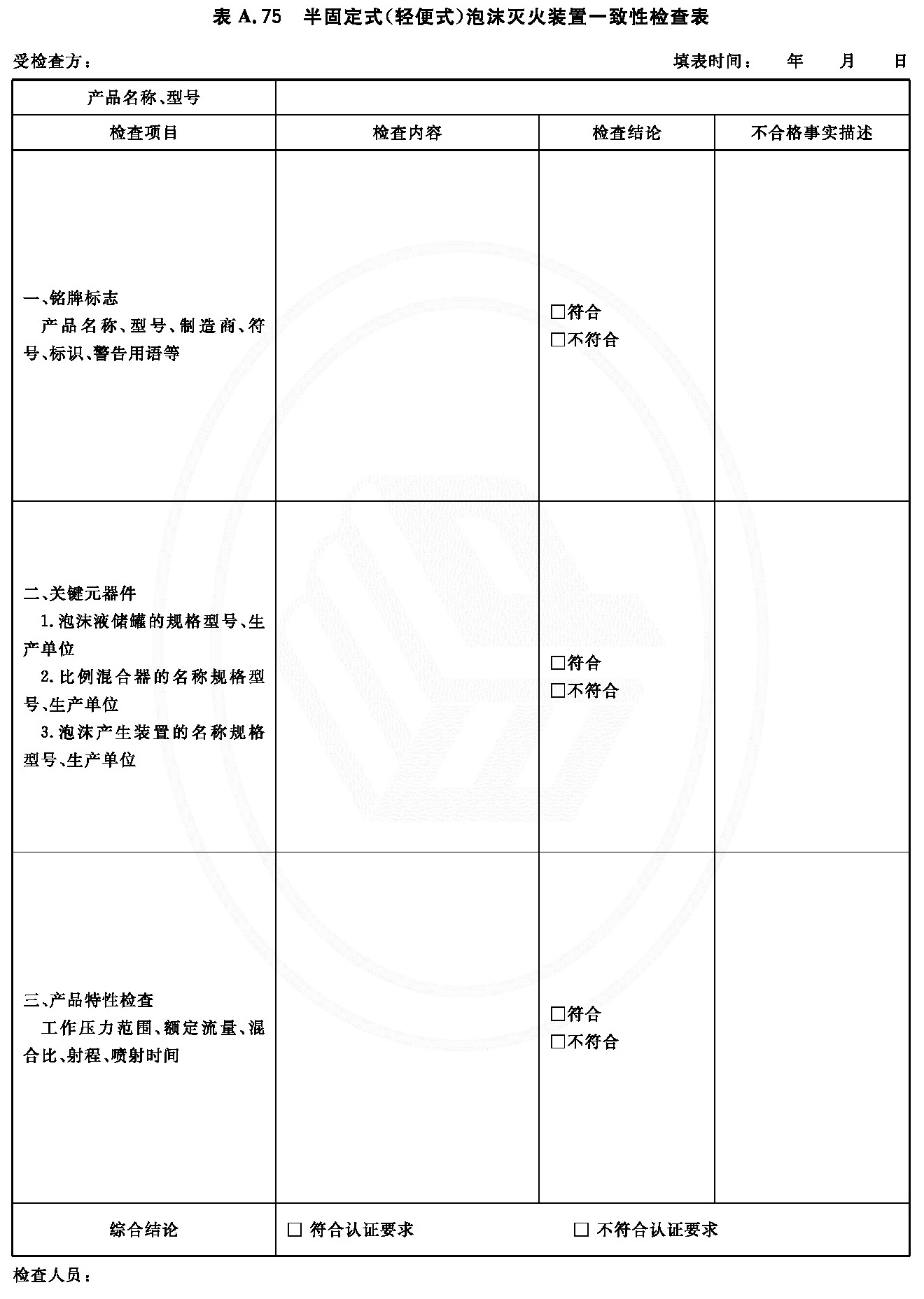 半固定式（轻便式）泡沫灭火装置一致性检查表