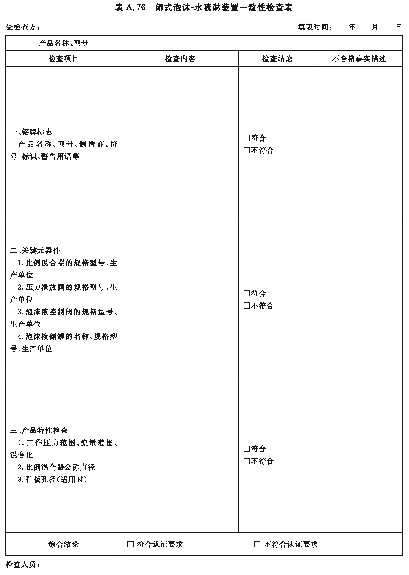 闭式泡沫-水喷淋装置一致性检查表