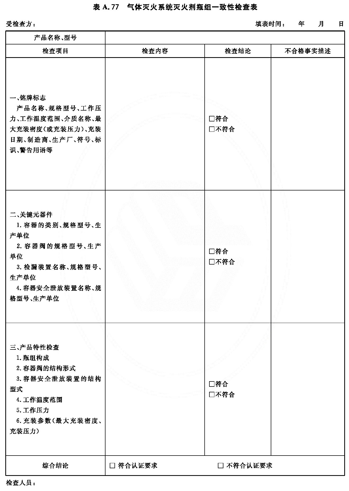 气体灭火系统灭火剂瓶组一致性检查表