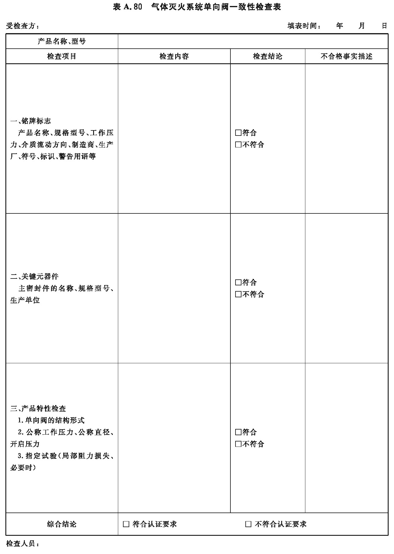 气体灭火系统单向阀一致性检查表