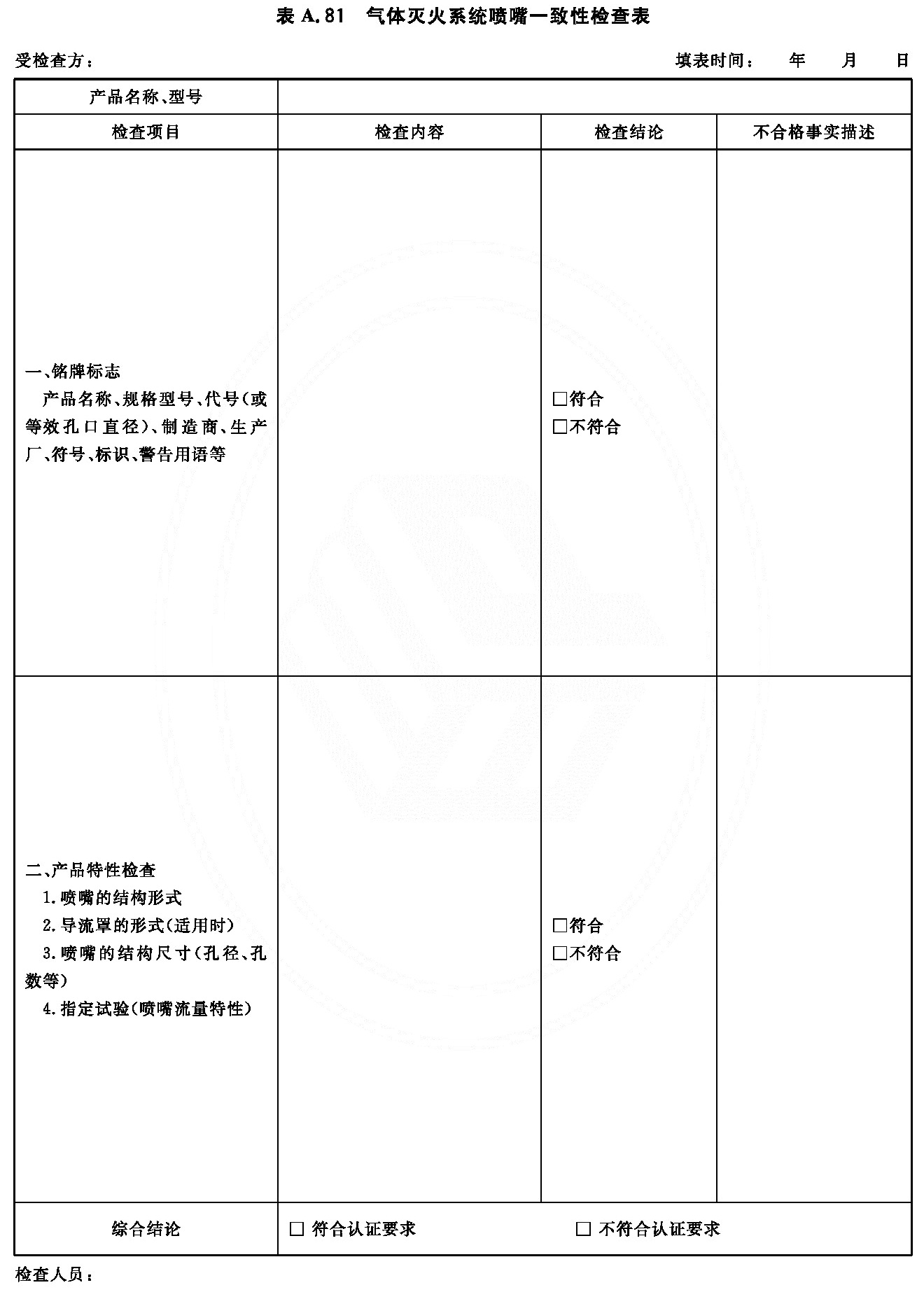 气体灭火系统喷嘴一致性检查表